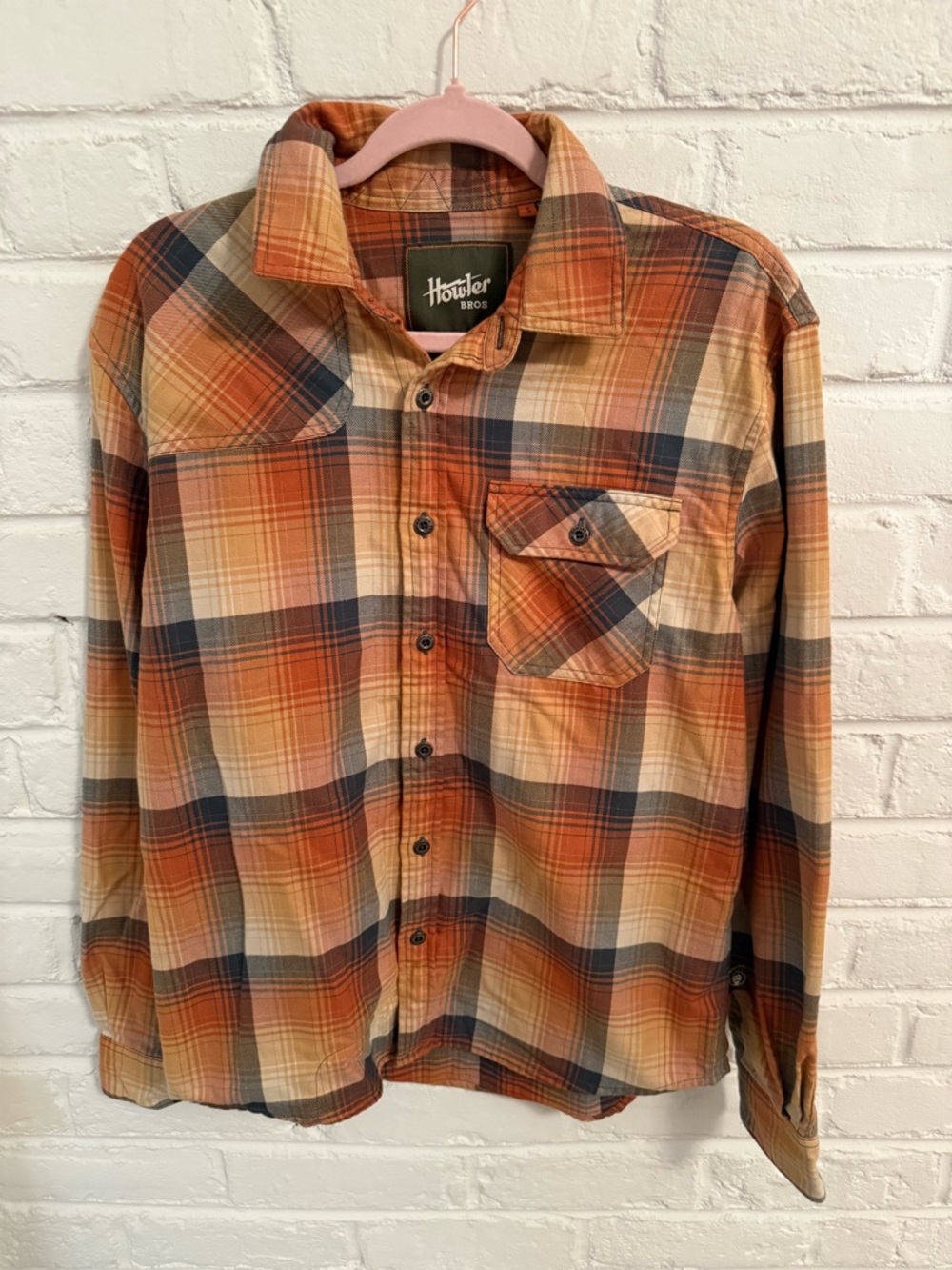 Howler Brothers Orange and Tan Plaid Button-Down Shirt